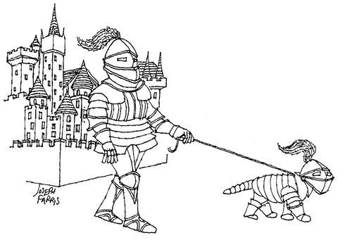 Knight walking a dog.