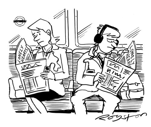 Man and woman on train both read lonely hearts columns while ignoring each other as they're both using MP3 players.