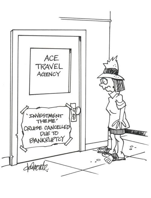 Woman sees a sign on door of Ace Travel Agency  - 'Investment theme' cruise cancelled due to bankruptcy.