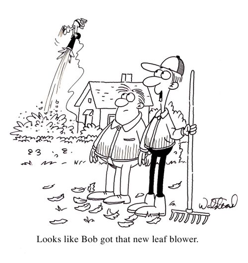 Man takes off with his leaf blower.