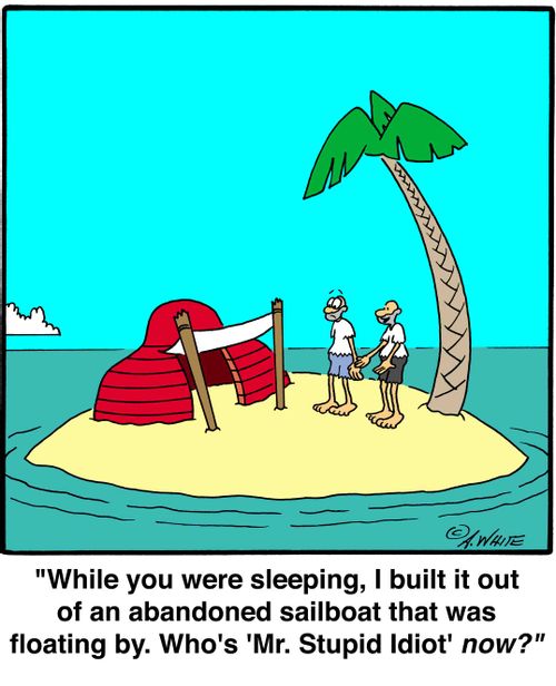 'While you were sleeping, I built it out of an abandoned sailboat that was floating by. Who's 'Mr. Stupid Idiot' now?'