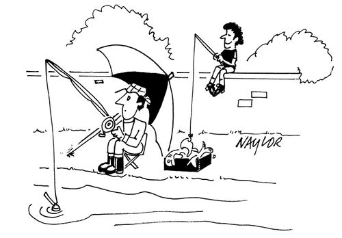 Man fishing out of another man's fishing box.