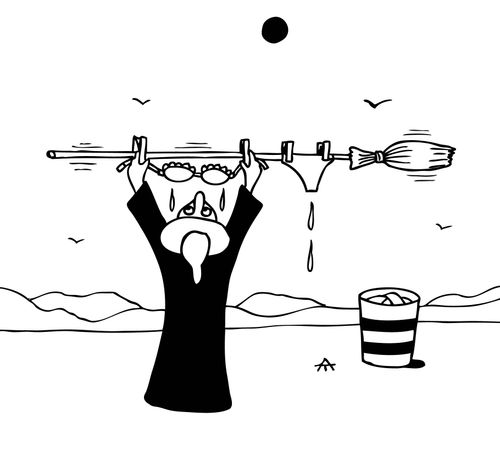 Witch uses her broomstick as a washing line.