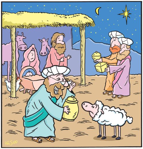 Christmas Scene: Wise man with poor vision offering a gift to a sheep.