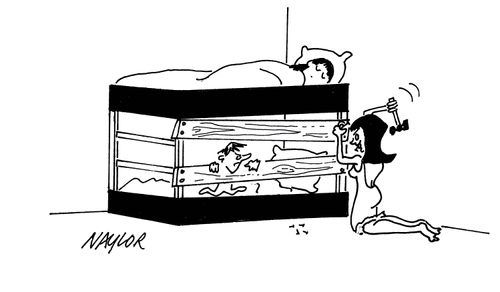 Mother nailing child into bunk bed.