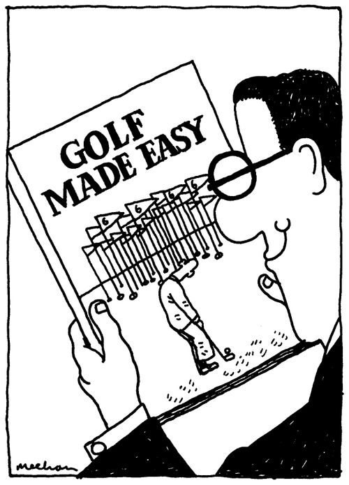 Man reading 'Golf Made Easy' book.