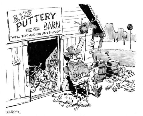 Junkyard and sign that reads 'Puttery Barn'.