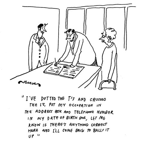 'I've dotted the t's and crossed the i's, put my occupation in the address box and telephone number in my date of birth box, let me know if there's anything correct here and I'll come back to balls it up'