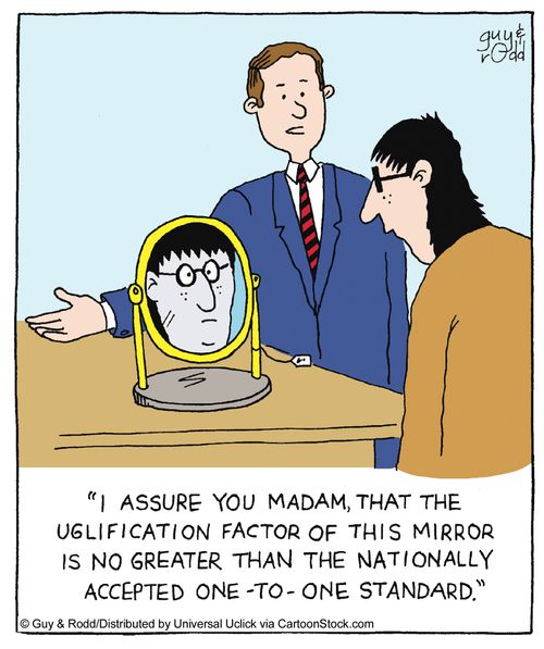 'I assure you madam, that the uglification factor of this mirror is no greater than the nationally accepted one-to-one standard.'