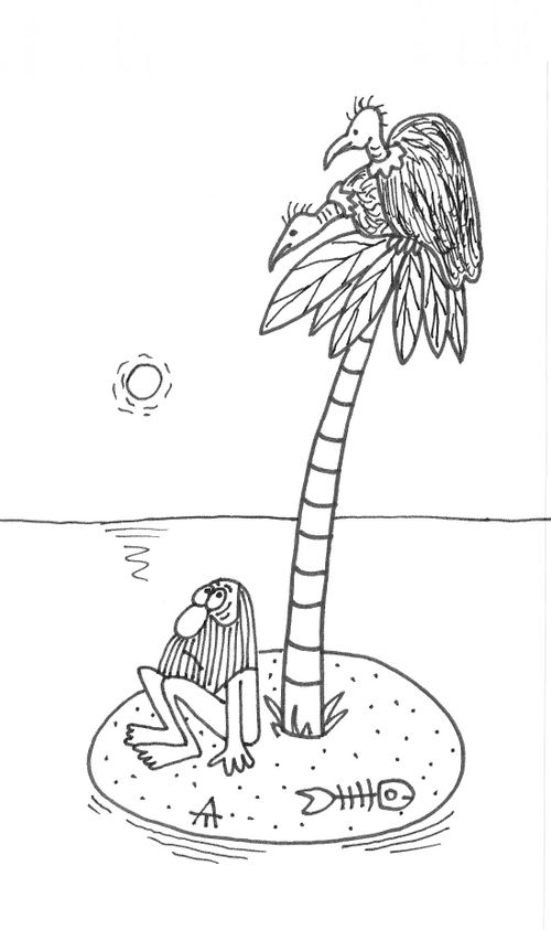Vultures wait on a desert island.