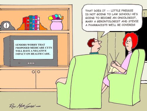 'That does it. . . Little Freddie is not going to law school! He's going to become an oncologist, Mary a gerontologist and Stevie a pharmacist! We'll be covered!'