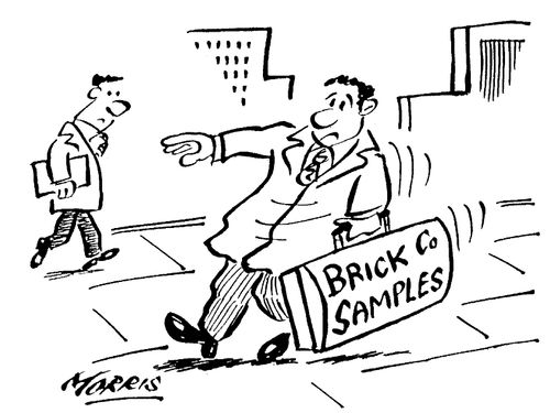 Sales rep with heavy bag of 'Brick Company' samples.