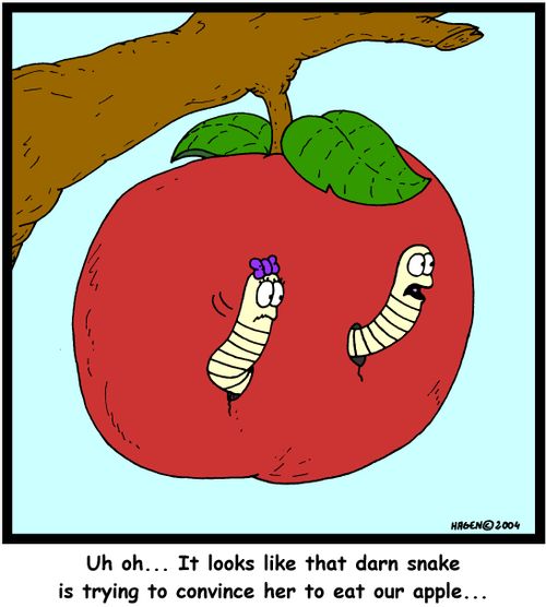 'Uh oh... It looks like that darn snake is trying to convince her to eat our apple...'