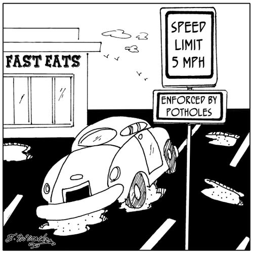 Speed Limit 5 MPH. Enforced by Potholes.