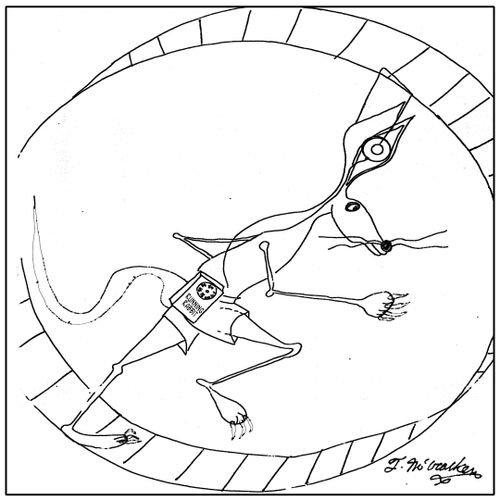 In a cage wheel a rabbit runs while wearing a Running Rabbit radio.