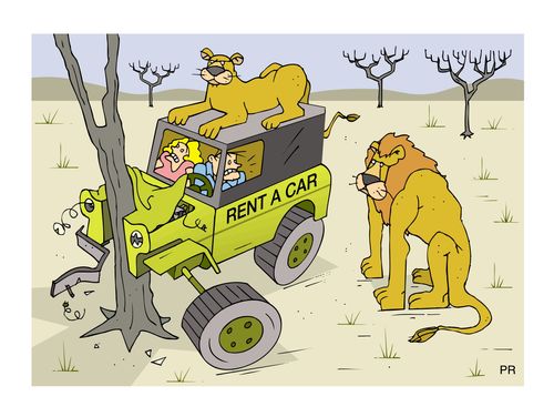Safari tourists surrounded by lions following a 4x4 car crash.