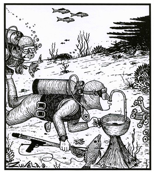 Divers drinking under water.