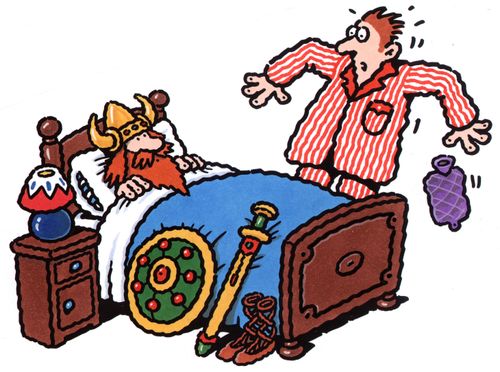 Man discovering a viking in his bed.