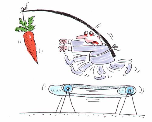 Man on a treadmill desperately trying to get at a carrot dangling infront of him from a stick tied to his back