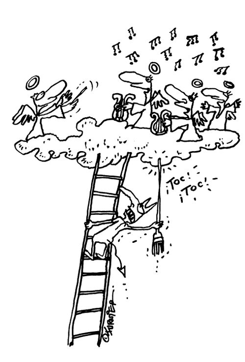 Devil banging on cloud with broom to shut up angels
