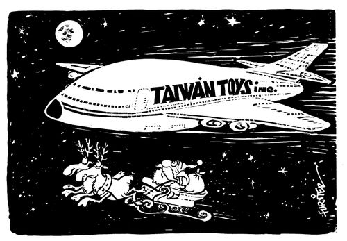 Santa and reindeers being over taken in the air by a 'Taiwan Toys inc' plane