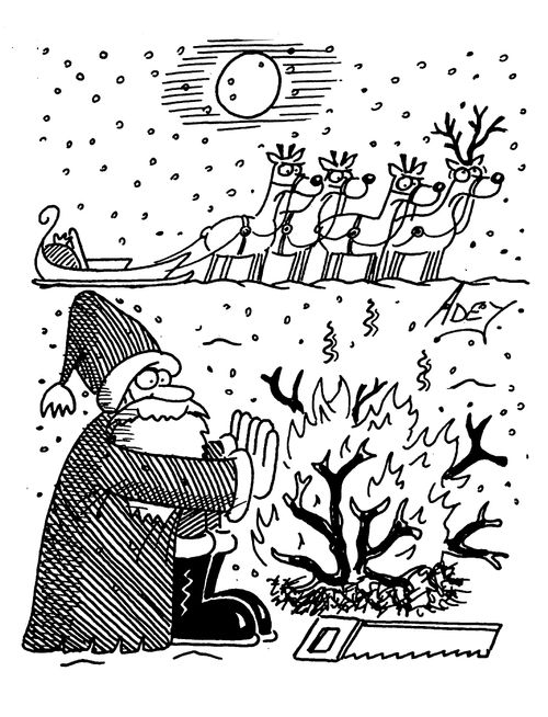 Santa Claus huddles round a fire made from reindeer antlers
