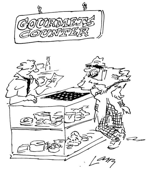 Tramp at gourmet counter
