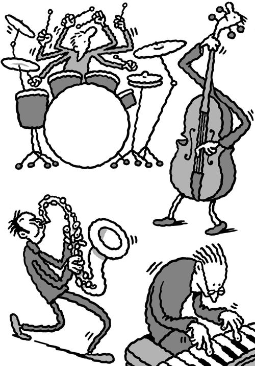 Jazz quartet, piano, bass, sax and drums