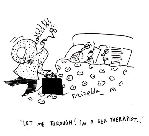 Couple in bed with woman running towards them - 'Let me through I'm a Sex Therapist...'