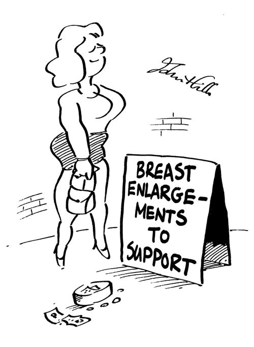 Beggar with sign - 'Breast Enlargements To Support'.