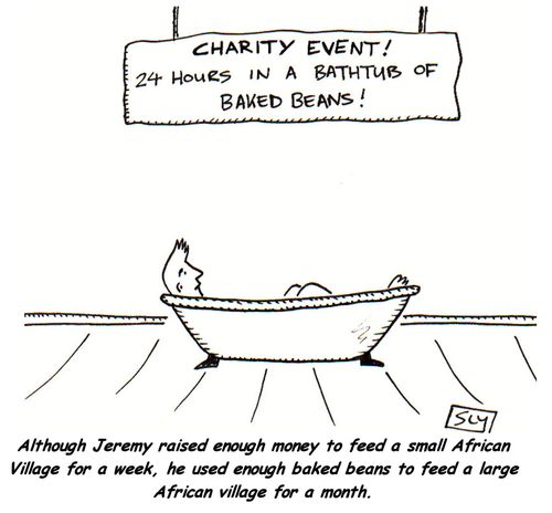 Although Jeremy raised enough money to feed a small African village for a week, he used eough baked beans to feed a large African village for a month.