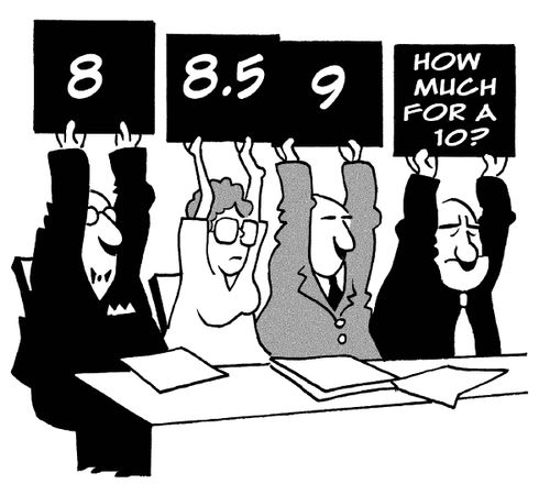Judges holding up numbers - judge at the end has a sign which says 'how much for a 10?'