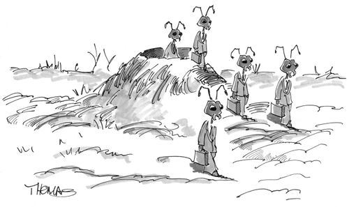 Ants dressed as businessmen going to work.