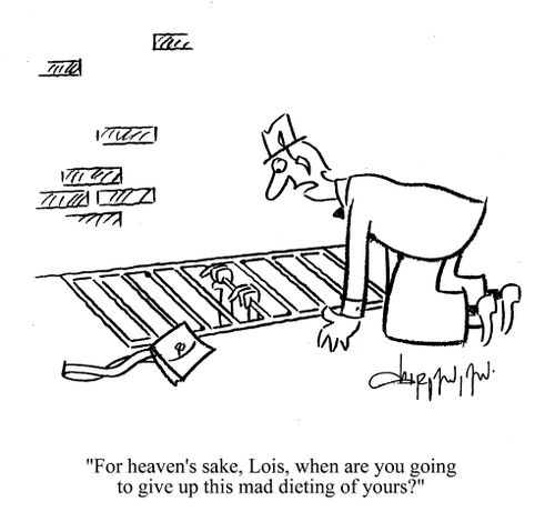 'For heaven's sake, Lois, when are you going to give up this mad dieting of yours?' (woman falls through drain).