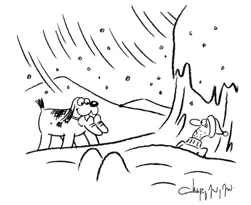 Man and dog in snowstorm 