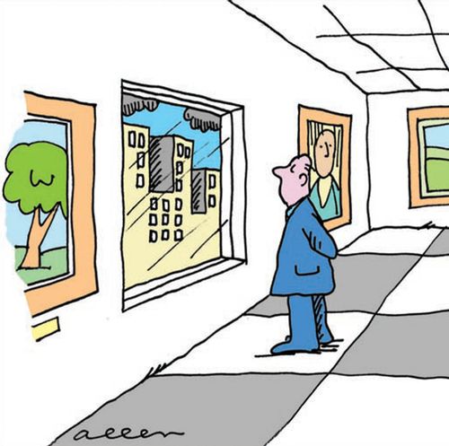 Man in art gallery looking through window thinking that it's a painting