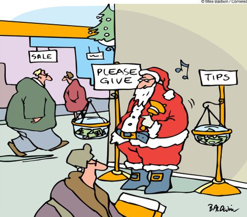 Charity Santa with tip jar.
