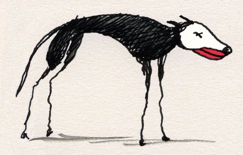 A skinny dog with clown make up