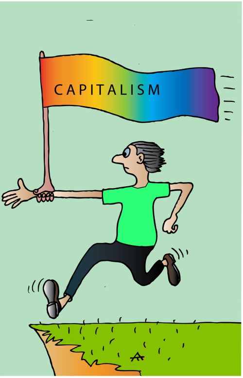 Capitalism Dragging Man Off A Cliff