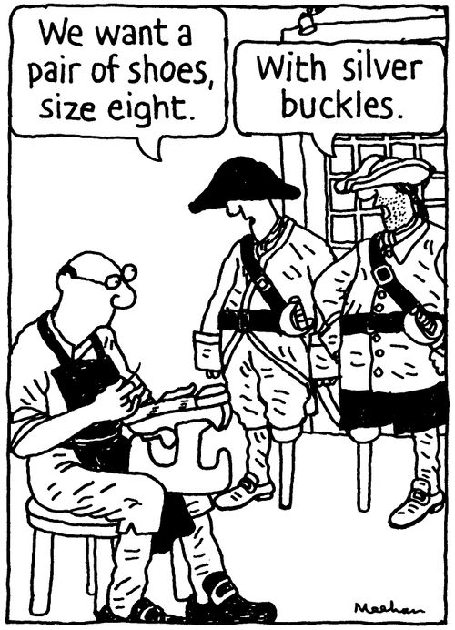 'We want a pair of shoes, size eight.' 'With silver buckles.'