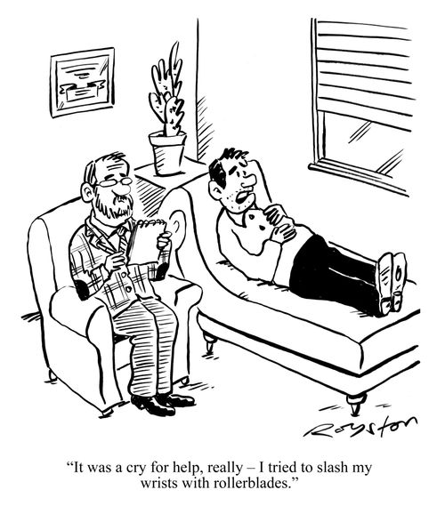 Man on psychiatrist's couch: 'It was a cry for help, really - I tried to slash my wrists with rollerblades.'