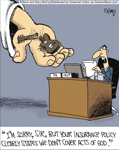 'I'm sorry, sir, but your insurance policy clearly states we don't cover acts of God.'
