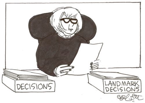 Judge's desk boxes: 'Decisions...landmark decisions.