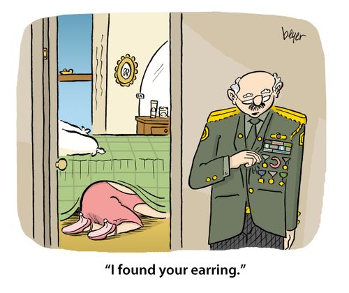 Military man looking at lapel: 'I found your earring.'