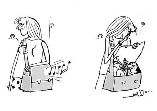 Woman Keeps Trumpet Player in Her Bag.