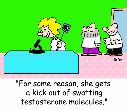 'For some reason, she gets a kick out of swatting testosterone molecules.'