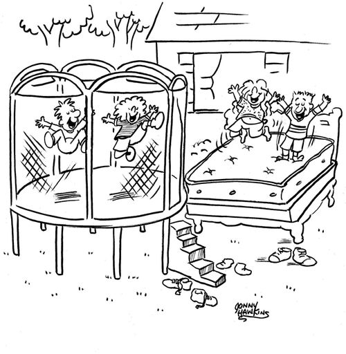 Kids jumping on trampoline next to kids jumping on bed.