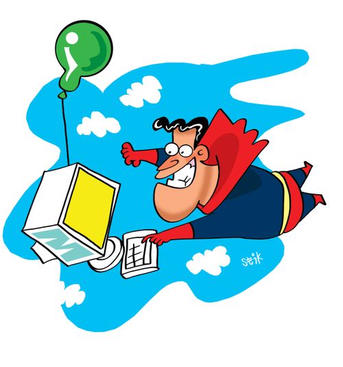 Superhero uses balloon to help him use a pc.