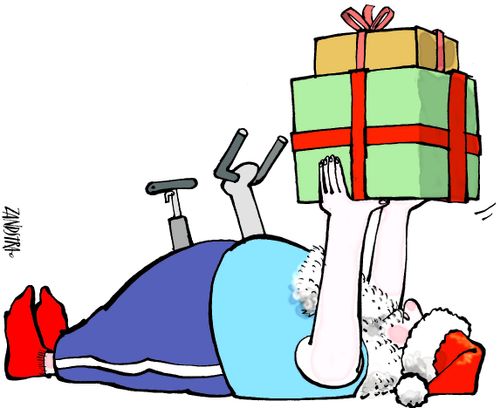 Father Christmas lifting presents as a workout.