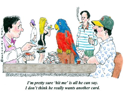 'I'm pretty sure 'hit me' is all he can say. I don't think he really wants another card.'